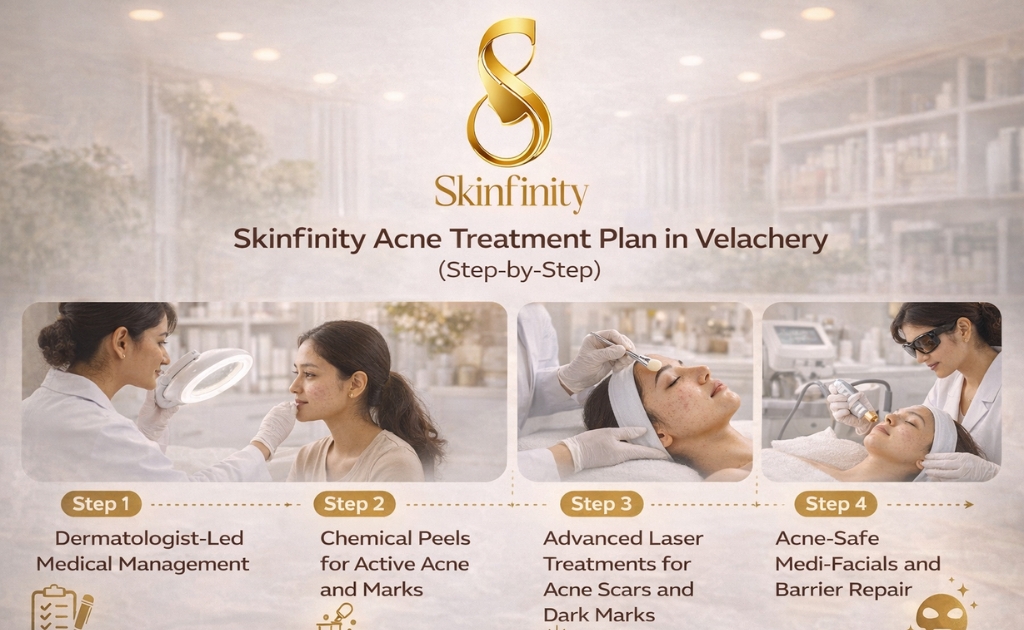 Skinfinity infographic showing a step-by-step plan acne treatment in Velachery—dermatologist-led medical management, chemical peels, advanced laser treatments for scars and dark marks, and acne-safe medi-facials with barrier repair, with Skinfinity logo on top.