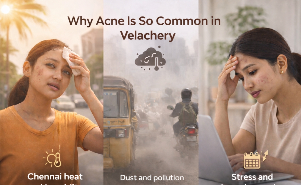 Infographic showing why acne is common in Velachery—Chennai heat and humidity, dust and pollution from traffic, and stress with irregular routine—illustrated with three South Indian women scenes and icons.