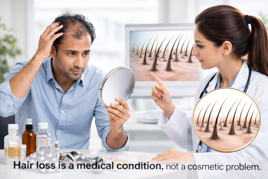 South Indian man consulting a female doctor in a medical hair clinic, checking thinning hair in a mirror with scalp follicle visuals on a screen, and the text “Hair loss is a medical condition, not a cosmetic problem.”