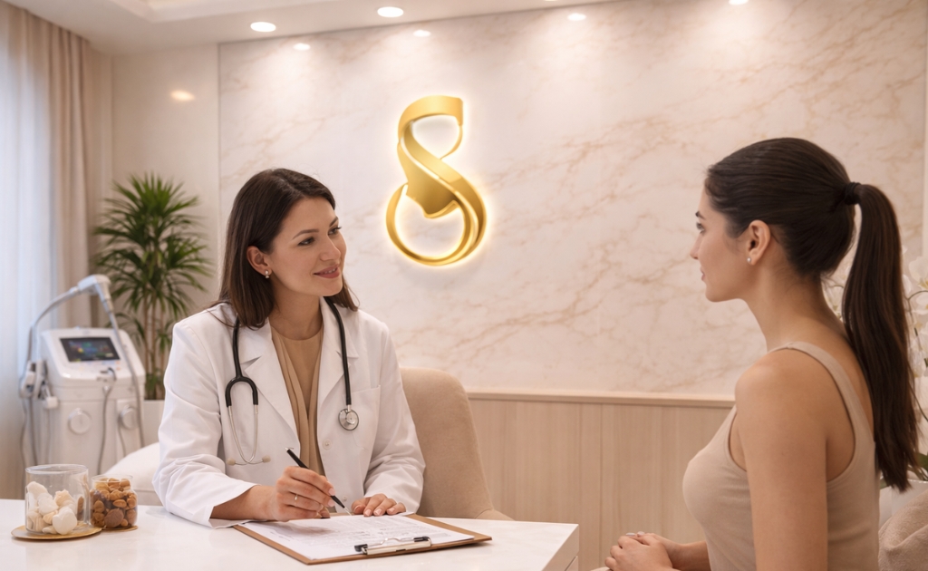 Laser hair removal consultation in Velachery with Skinfinity doctor and patient in a modern clinic room with laser machine and gold logo