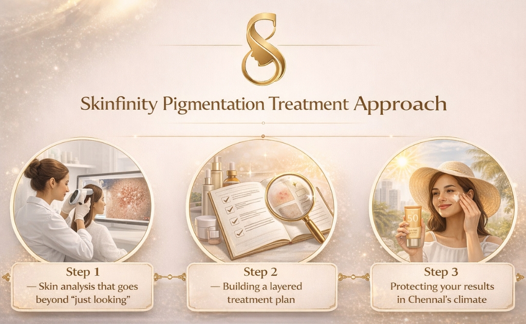 Skinfinity pigmentation treatment in velachery, approach infographic showing skin analysis, customized layered treatment planning, and protection steps tailored for Chennai’s climate.