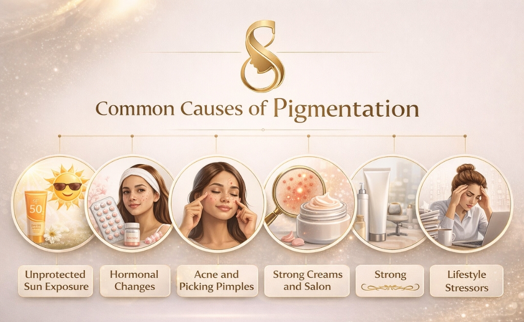 Infographic showing common causes of pigmentation including sun exposure, hormonal changes, acne picking, harsh creams or salon treatments, and lifestyle stressors.