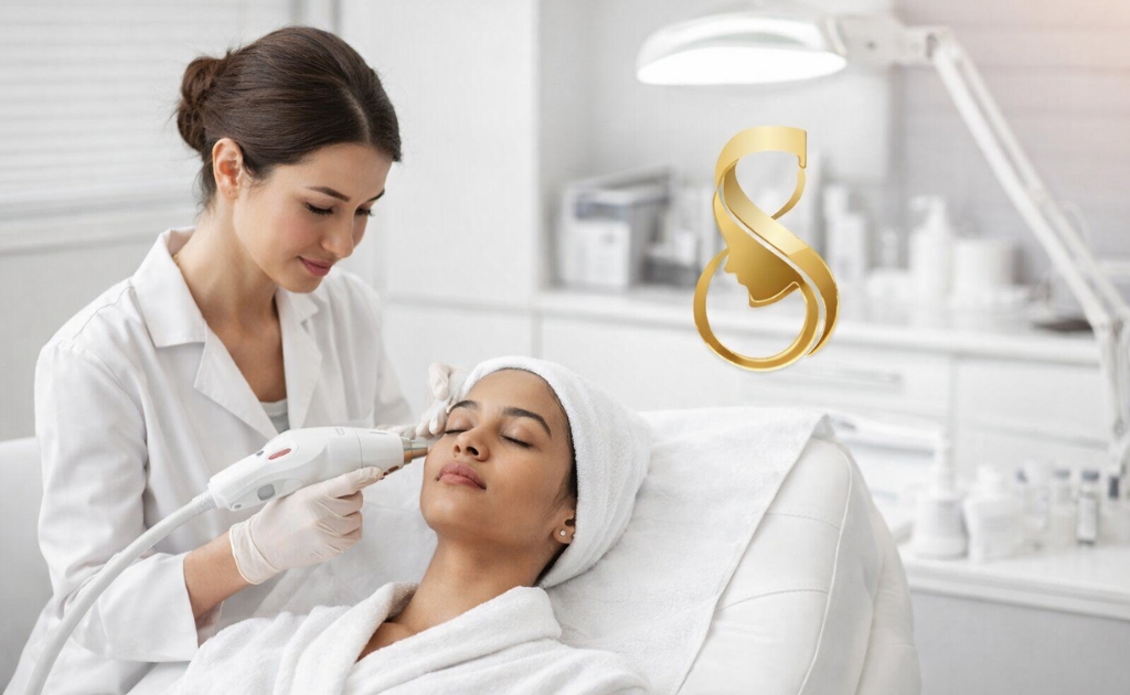 Dermatologist performing advanced Pigmentation Treatment in Velachery at Skinfinity clinic, using a handheld laser device on a patient in a clean, modern treatment room.