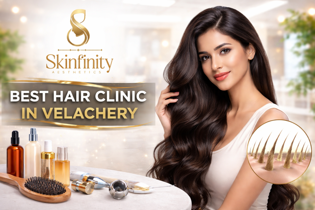 Skinfinity Aesthetics hair clinic banner featuring the Skinfinity logo, a woman with long glossy hair in a premium clinic background, hair treatment products and tools on a table, and the text “Best Hair Clinic in Velachery” with a scalp hair follicle visual.