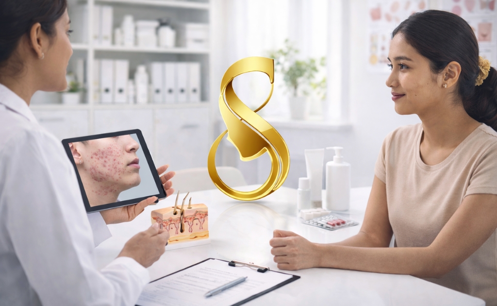 outh Indian dermatologist consulting a young woman for acne treatment in a modern clinic, showing acne skin image on a tablet with Skinfinity logo displayed in the center.
