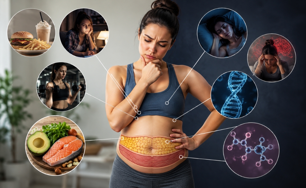 Healthy fitness concept image showing toned abdomen, balanced diet, and workout routine for how to get rid of belly fat effectively