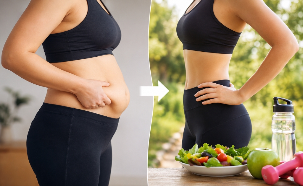 Woman measuring slim waist after fitness transformation representing how to get rid of belly fat naturally through healthy lifestyle changes