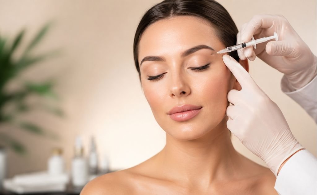 Woman receiving a Botox treatment injection in the forehead for wrinkle reduction.