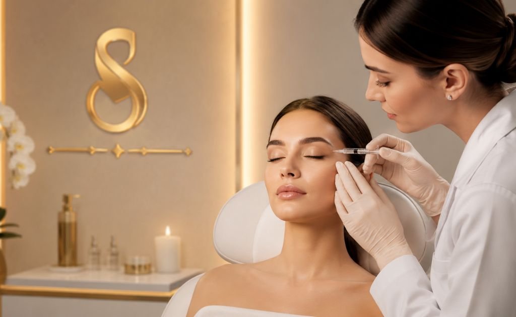 Doctor administering Botox injection to a woman's forehead in a professional clinic setting.