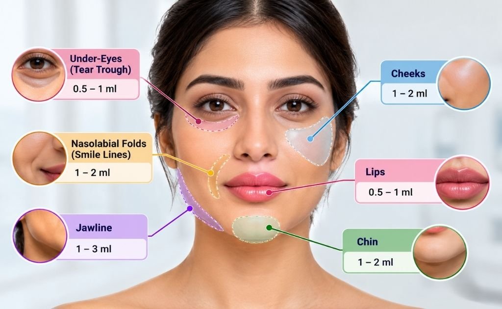 Face map showing common dermal filler treatment areas including lips, under-eyes, cheeks, chin and jawline
