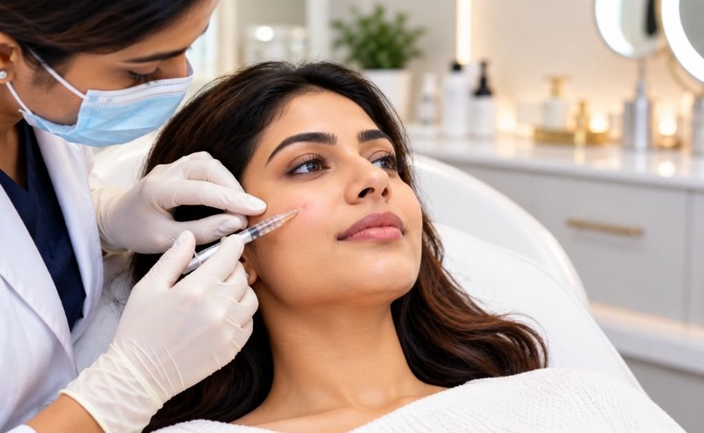 Doctor giving hyaluronic acid dermal filler injection at an aesthetic clinic in Chennai