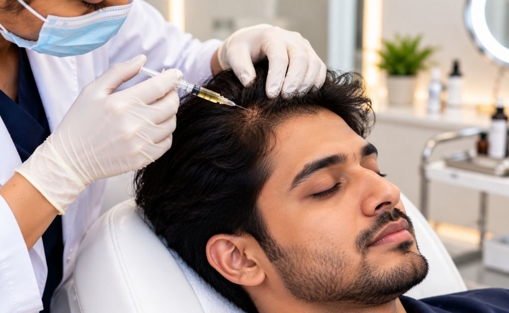 Dermatologist performing hair mesotherapy scalp injections on a male patient in Chennai