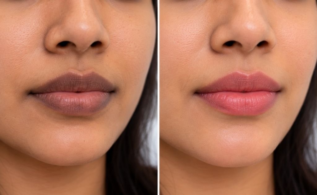 Before and after lip pigmentation treatment showing a more even and natural lip tone