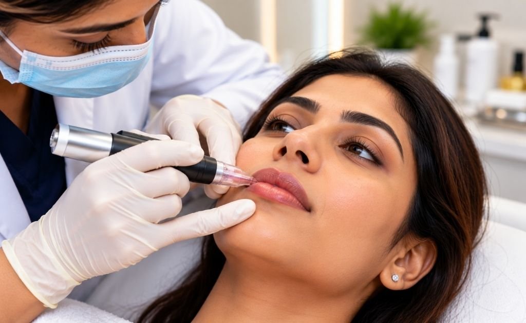 Dermatologist performing a lip pigmentation treatment on a woman at a skin clinic in Chennai