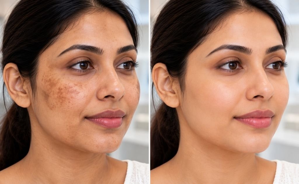 Melasma before and after treatment showing reduced facial pigmentation and more even skin tone