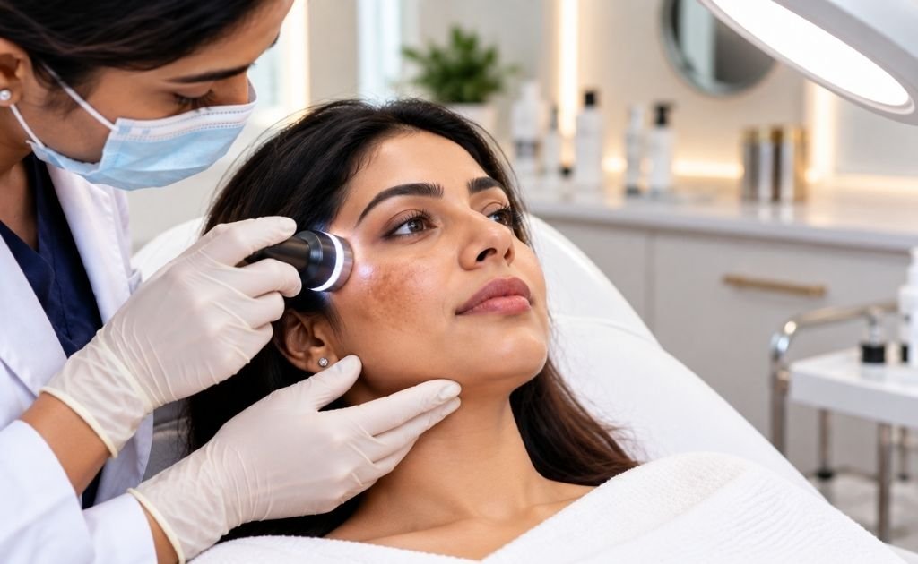 Dermatologist examining facial melasma pigmentation during a skin treatment consultation in Chennai