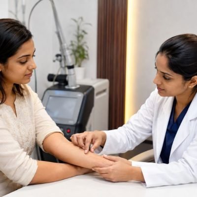Clinician wearing protective eyewear preparing a laser hair reduction treatment on Indian skin