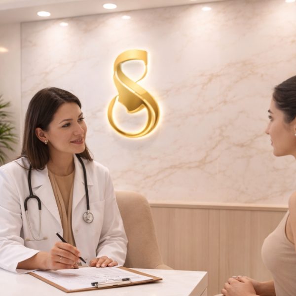 Laser hair removal consultation in Velachery with Skinfinity doctor and patient in a modern clinic room with laser machine and gold logo