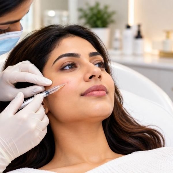 Doctor giving hyaluronic acid dermal filler injection at an aesthetic clinic in Chennai
