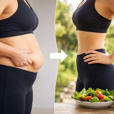 Woman measuring slim waist after fitness transformation representing how to get rid of belly fat naturally through healthy lifestyle changes