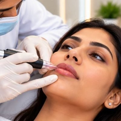 Dermatologist performing a lip pigmentation treatment on a woman at a skin clinic in Chennai