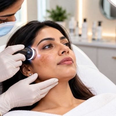 Dermatologist examining facial melasma pigmentation during a skin treatment consultation in Chennai