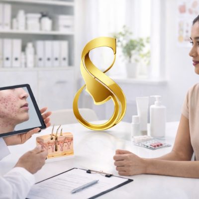 outh Indian dermatologist consulting a young woman for acne treatment in a modern clinic, showing acne skin image on a tablet with Skinfinity logo displayed in the center.
